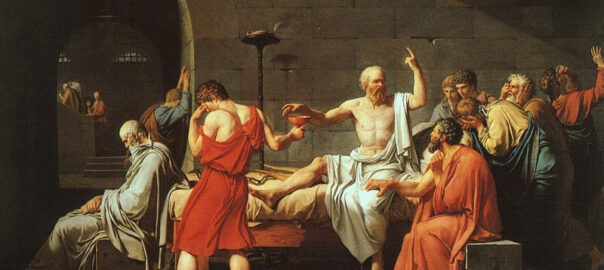 Sokrates mit erhobenem Zeigefinder greift zum Schierlingsbecher